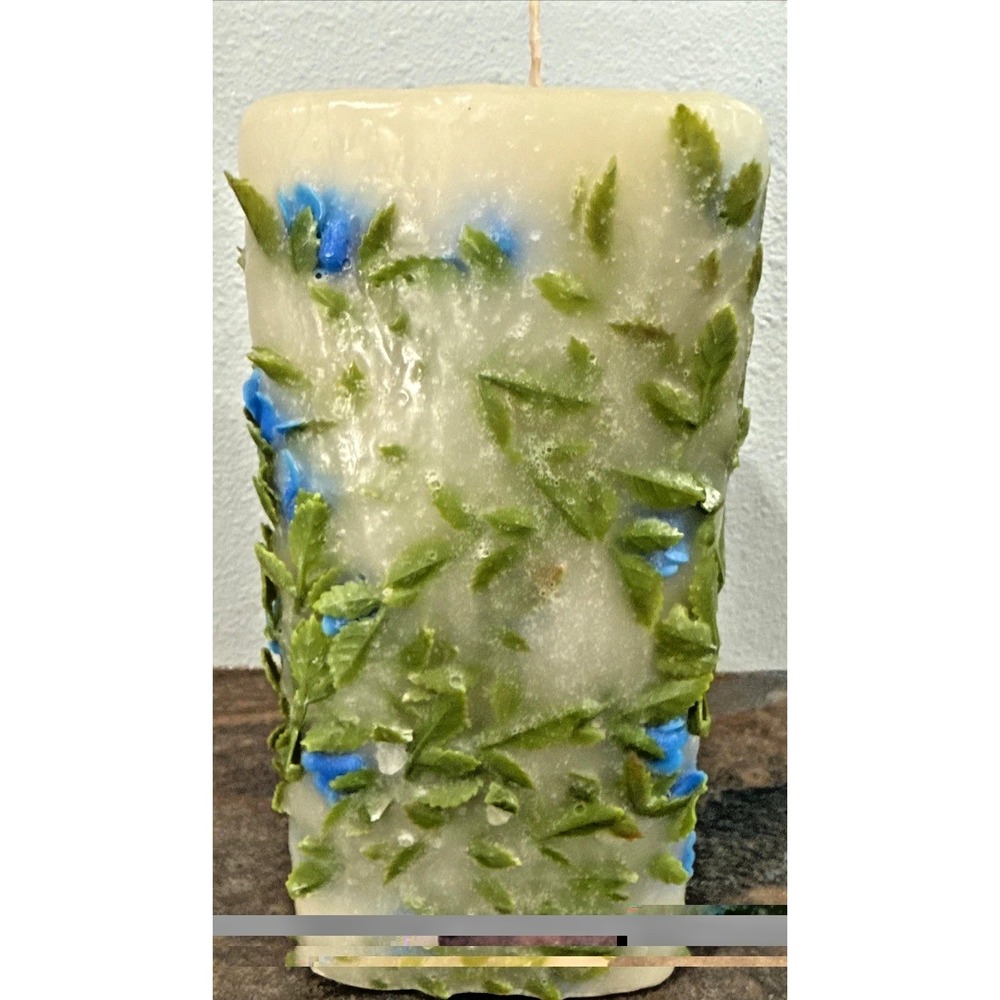 Vintage Handmade Blue Floral Pillar Candle Advan Chackbay Louisiana 7.5in